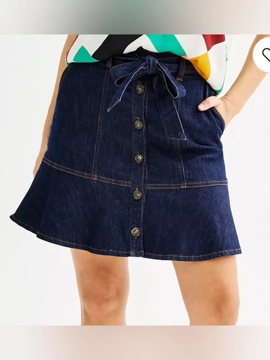 Nine West Ribbon Belt Button Front Denim Mini Skirt Size M - Picture 1 of 10